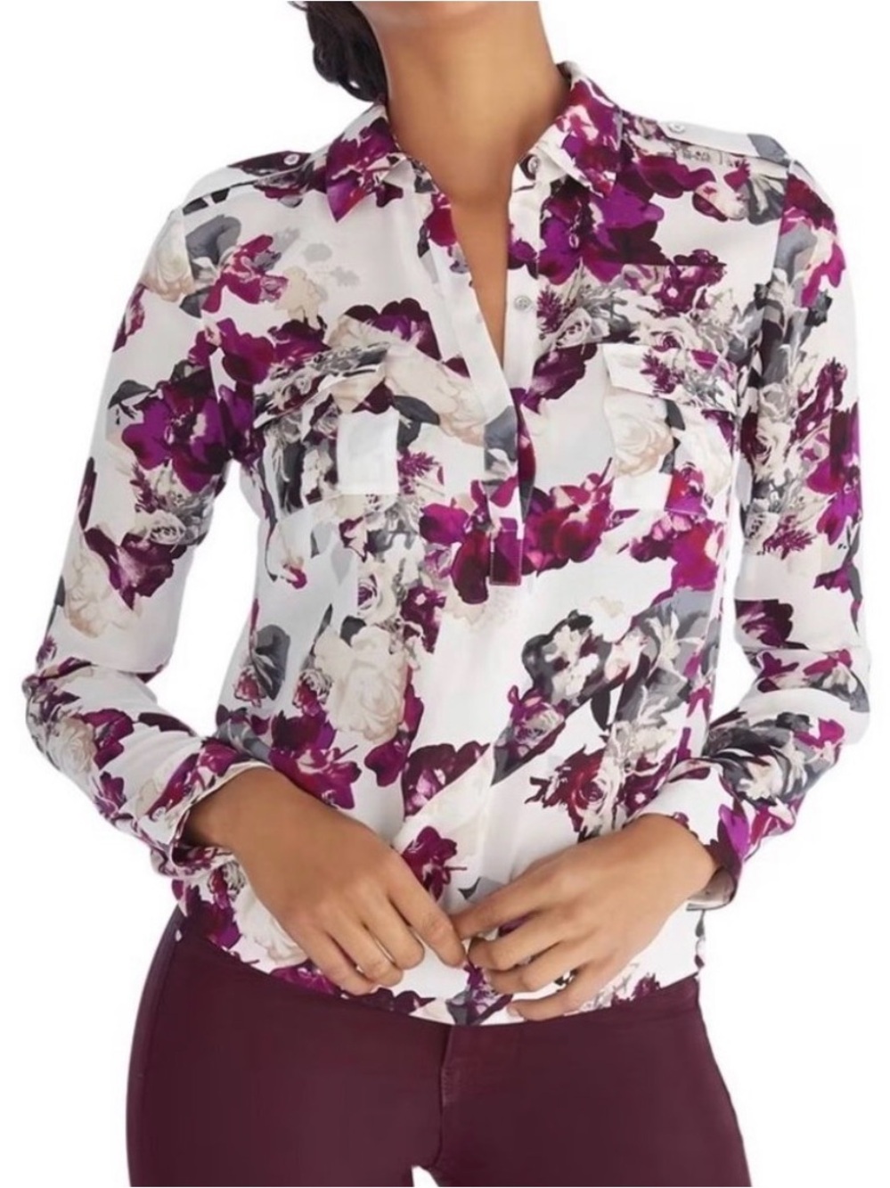 White House Black Market Long Sleeve Silk white with purple floral Top